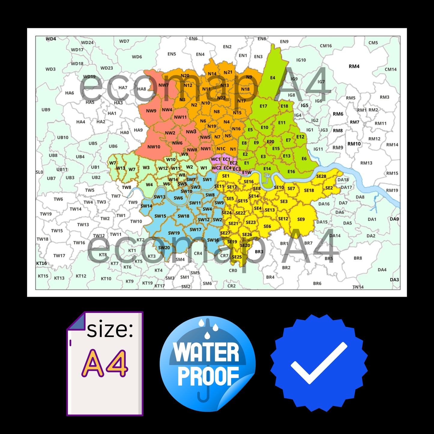 Large Postcode Map of London Postal District Area (Size A4 Laminated) ECOMAP - 100% Waterproof Card