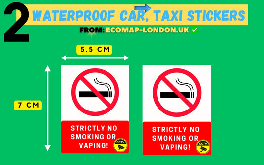 2 x "No Smoking or Vaping" Adhesive Waterproof Stickers (Exterior or Interior) 7cm x 5.5cm