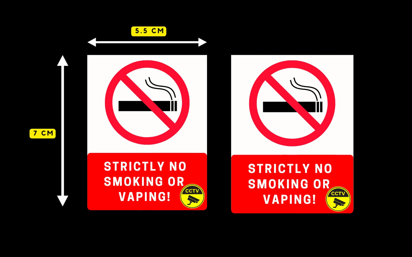 2 x "No Smoking or Vaping" Adhesive Waterproof Stickers (Exterior or Interior) 7cm x 5.5cm