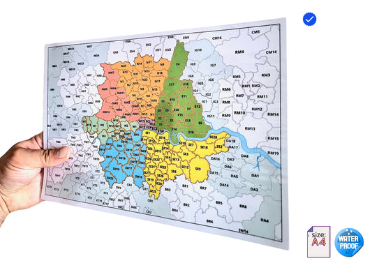 Large Postcode Map of London Postal District Area (Size A4 Laminated) ECOMAP - 100% Waterproof Card